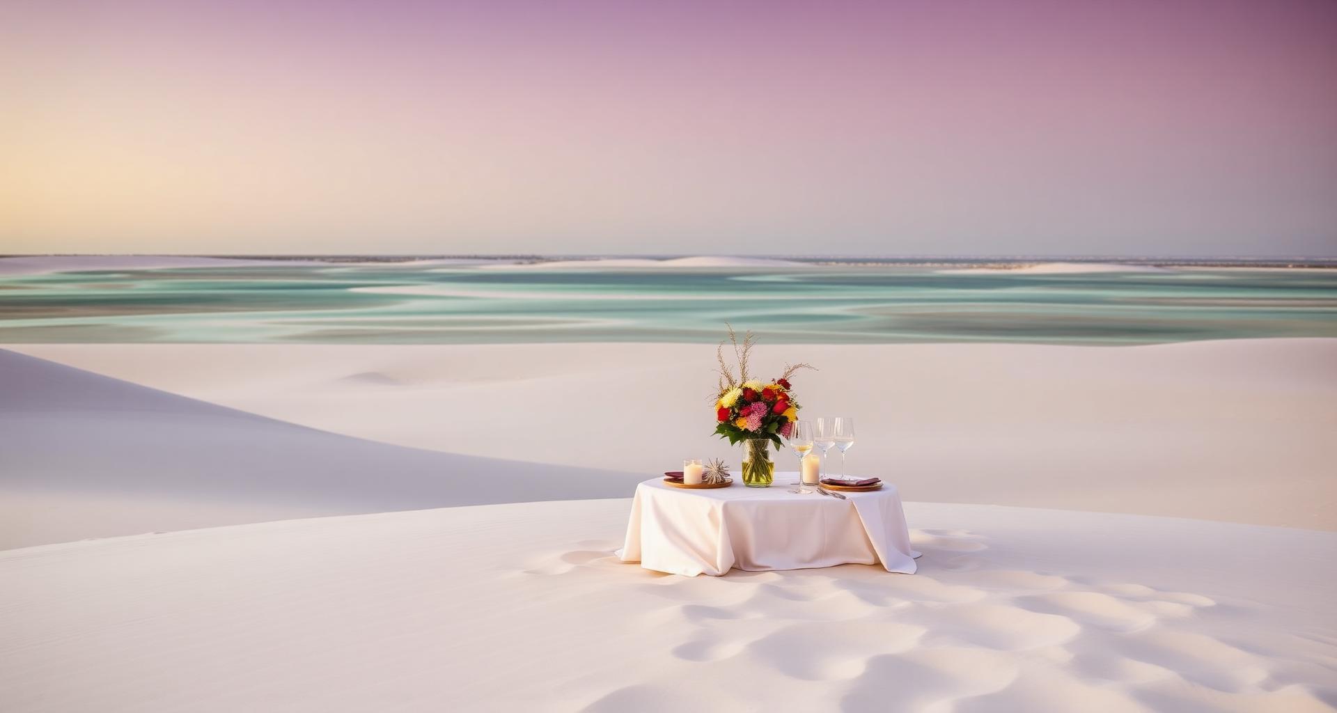 Jantar à luz de velas nas dunas dos Lençóis Maranhenses ao amanhecer